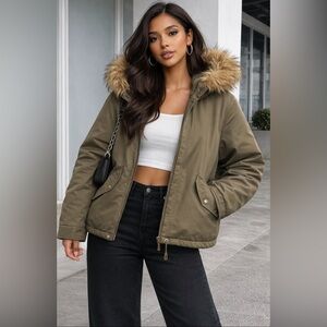 Love Tree Olive Puffer Jacket with Faux Fur Hood